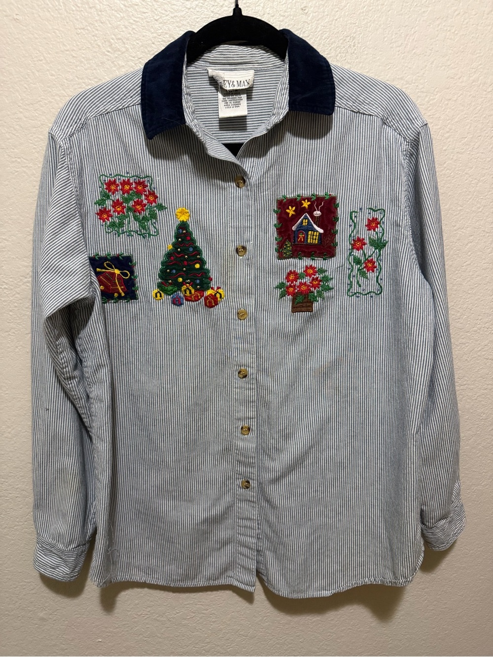 Vintage Casey & Max Christmas Poinsettia Graphic Button Down Blouse Medium
